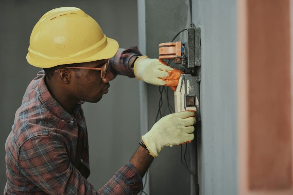Industrial electrical control room with circuit breakers